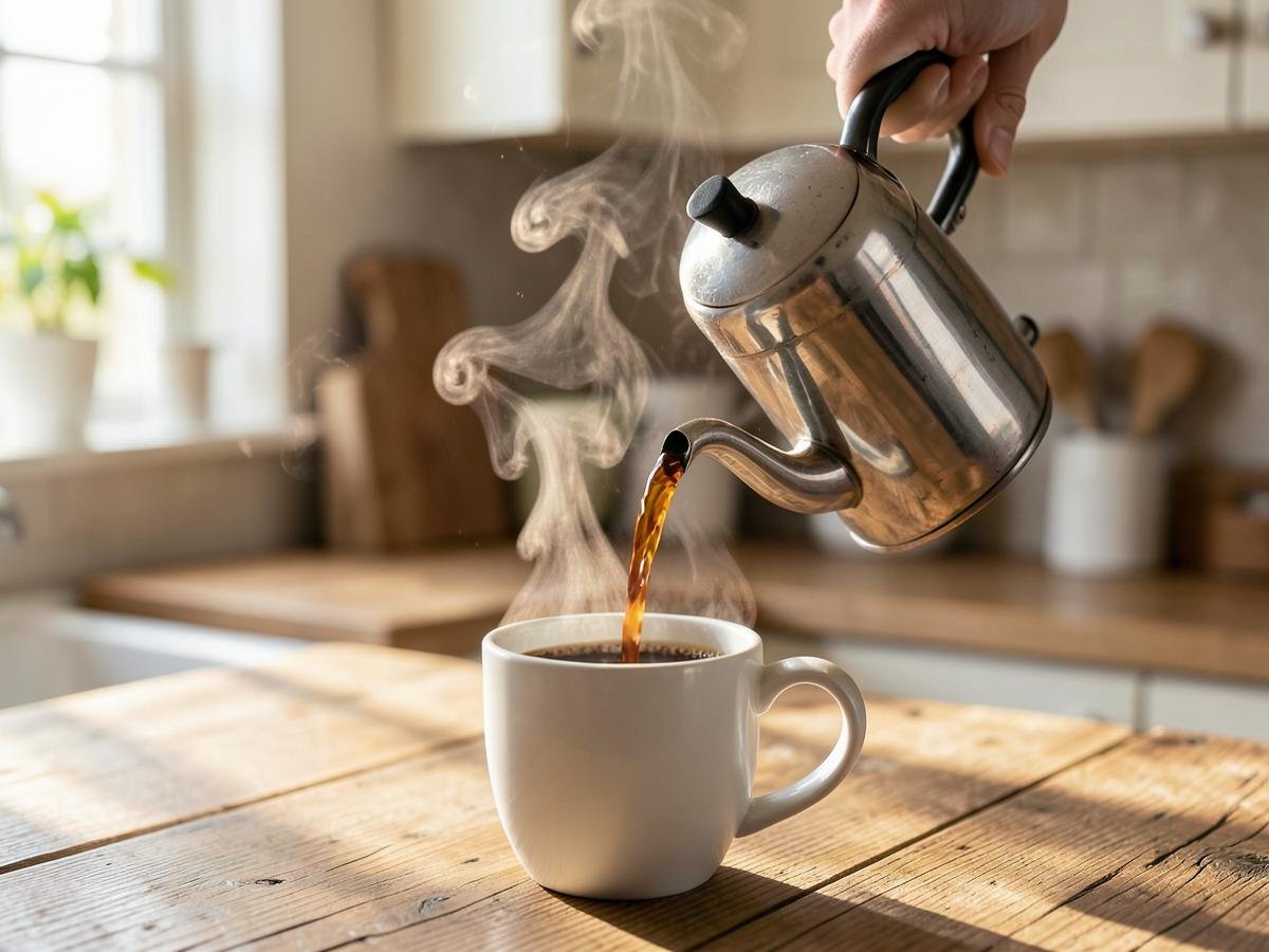 Hot water being poured from a kettle into a mug of coffee