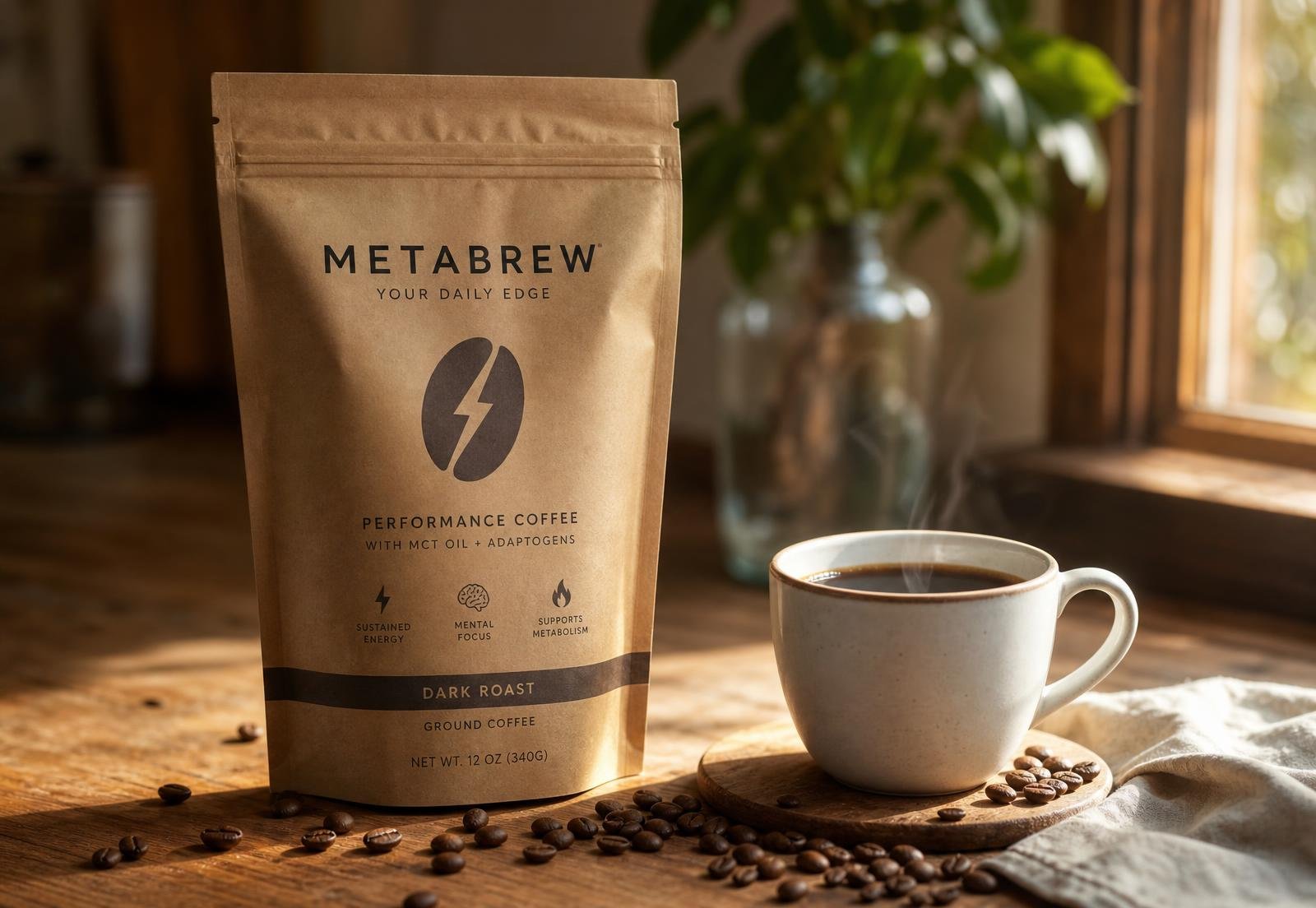 Metabrew coffee pouch next to a steaming cup of black coffee on a wooden table