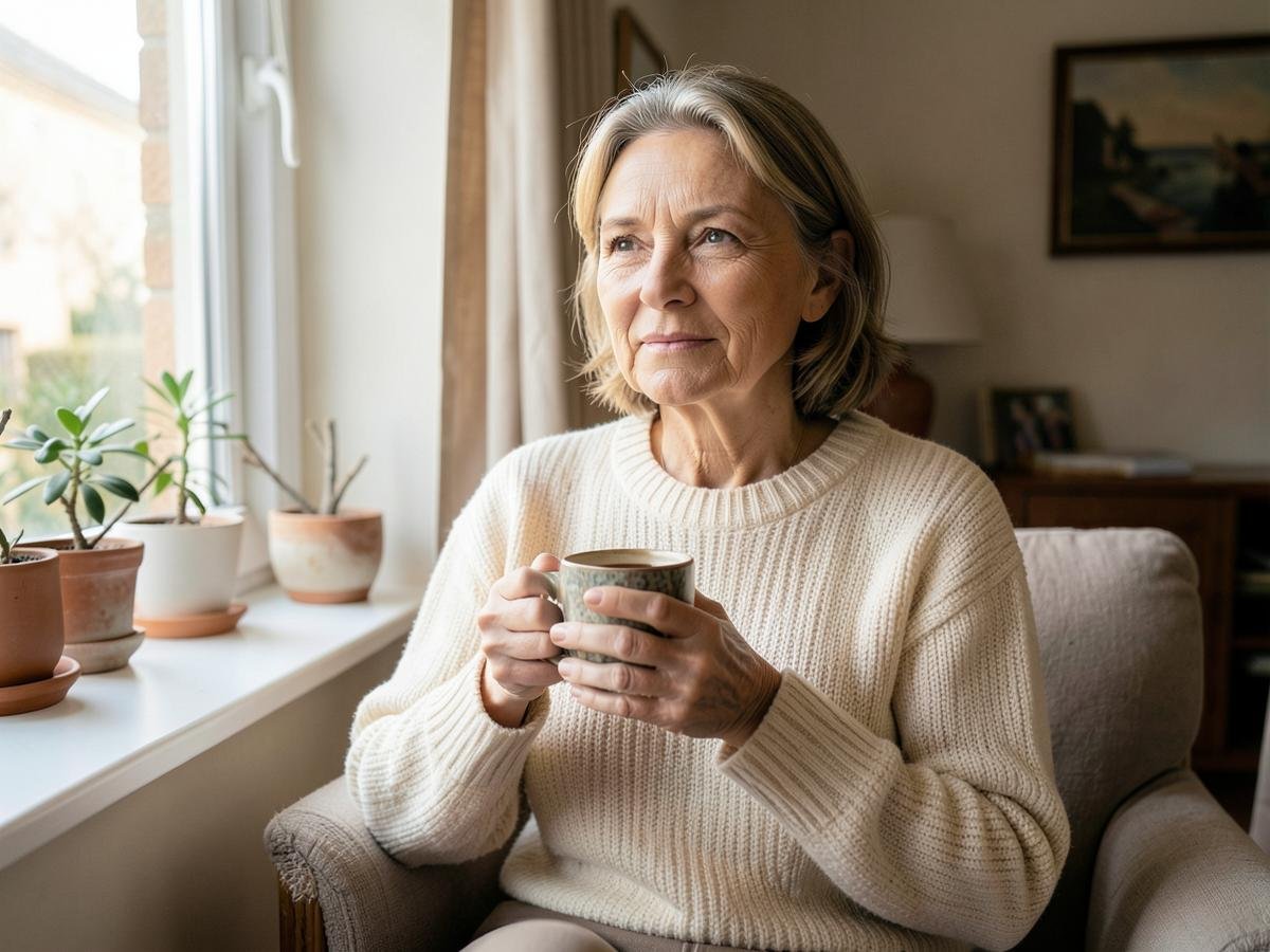 Woman holding a warm mug of coffee by a window at home